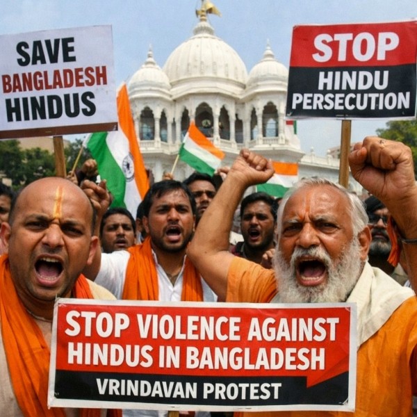 Vrindavan Witnesses Protests Over Violence Against Hindus in Bangladesh